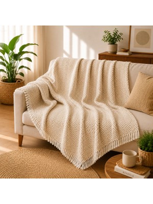 Hakay Premium Pamuklu Lilyana Koltuk Örtüsü 170X210 Cm, Çift Taraflı Dekoratif Şal, Tekli, Üçlü, Kanepe, Çekyat ve Berjer Için Koruyucu, Kaymaz, Nefes Alan, Yıkanabilir, Modern Çizgili Tasarım (Krem)