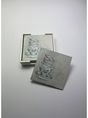 Hakay 6’lı Ahşap Bardak Altlığı Seti (Kutulu - Vintage Fincan Desenli)