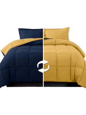 Hakay Elegant Comfort 3 Parça Ters Çevrilebilir Yorgan Seti, Dört Mevsim Rahat, Yumuşak Kuş Tüyü Alternatif, Kapitone - Kutu Dikişli - 4 Köşe Sekmeli Nevresim Takımı, Süslü Yorgan, Kral, Lacivert/sarı
