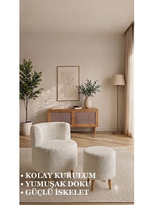 Bm Design Peluş Berjer ve Puf Çay Seti - Ahşap Ayaklı - Kolay Kurulum
