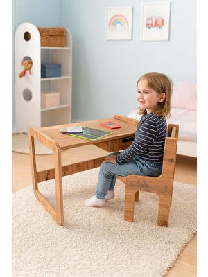 Aesco Pratikoutdoor Tek Kişilik Çekmeceli Ahşap Çocuk Oyun & Aktivite Masa ve Sandalye Takımı - 18MM Ceviz Renk Mdf