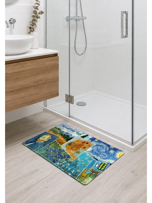 Hakay Van Gogh Temalı Banyo Mutfak Oda Balkon Paspası 40X70CM Kaymaz Taban Dikişli Kenar