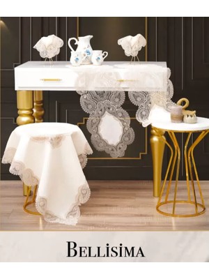 Ceki Home Salon Takımı 5 Parça Keten Dantelli Masa Örtüsü Runner Seti Bellisima Model No 800 -Krem-Kapiçino