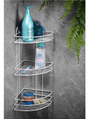 Hakay Sas Haus Ömür Boyu Paslanmaz Yapışkanlı Banyo Köşeliği Düzenleyici Şampuanlık Duş Rafı Beyaz Ek-03
