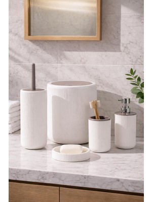 Hakay Perotti 33031500001-2 5 Parça Yuvarlak Banyo Seti - Çöp Kovası, Sabunluk, Diş Fırçalığı ve Silikon Wc Fırçası Beyaz Taupe