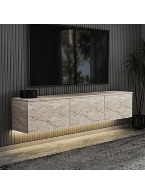 Hakay Neon LED Işıklı Duvara Monte, 3 Kapaklı Tv Sehpası – 160 cm - Modern Tasarım, Traverten Desen