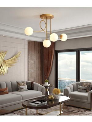 Hakay Fer Avize Jade Özel Tasarım Modern Spor Gold Renk Glop Beyaz Camlı Salon - Mutfak - Yatak Odası 4 Lü Avize