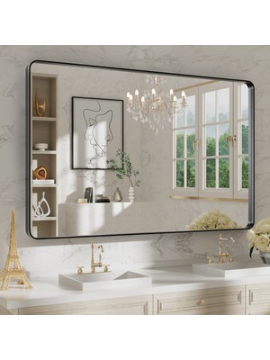 Hakay Weer 48X75 cm Siyah Metal Çerçeveli Banyo Aynası, Mat Siyah Banyo Vanity Aynası, Banyo Için Dikdörtgen Siyah Duvar Aynası, Temperli Cam, Yuvarlak Köşe, Yatay Veya Dikey Asılır