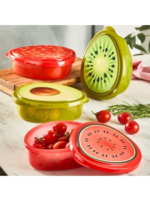 Hakay 4 Lü Avokado Çilek Kivi Karpuz Meyve Desenli Saklama Kabı Seti Yeşil-Kırmızı