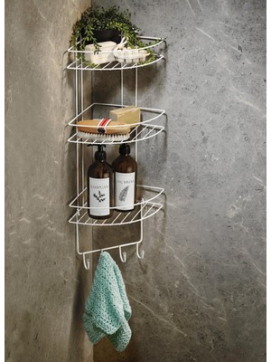 Hakay Sas Haus Beyaz Yapışkanlı Banyo Köşeliği Düzenleyici, Şampuanlık, Duş Rafı 3 Katlı - 4 Kancalı