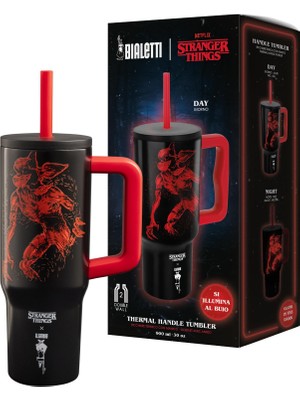 Hakay Bialetti Stranger Things Saplı Termos Bardak Pipetli Kapak - Karanlıkta Parlayan - Mükemmel Sıcaklık Koruma Özelliği - Bulaşık Makinesinde Yıkanamaz - 900 ml