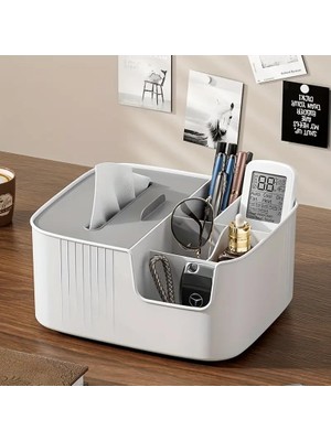 Hakay Makyaj ve Kozmetik Düzenleme Kutusu Organizer Kutusu Banyo Yüz Serumu Masa Düzenleyici Saklama 5+1 Bölmeli Peçetelikli Modern Tasarım Makyaj ve Masa Toplama Kutusu (Gri Beyaz)