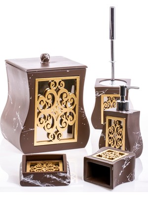 Hakay Mukko Home Motif Kahverengi 5 Parça Lüks Banyo Seti