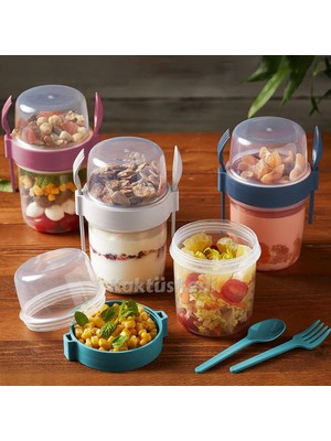 Hakay Kaktüskedi 4 'lü Set Çatallı Kaşıklı Atıştırmalık Yemek Yoğurt Müsli Granola Diyet Kabı - Yemek Saklama Kabı 716776