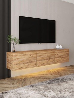 Hakay Inarch Dizayn Neon LED Işıklı Duvara Monte, 3 Kapaklı Tv Sehpası – 160 cm - Modern Tasarım, Atlantik Çam