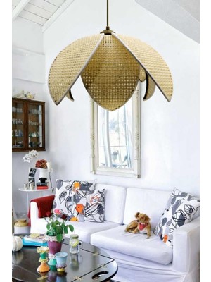 Hakay Decodelight Hasır Hazeran Rattan Palmiye Model Bohem Salon Oturma Odası Hol Cafe Restaurant Tekli Sarkıt Avize (Krem)