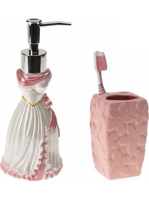 Hakay Sıvı Sabunluk,diş Fırçalık 2 Li Banyo Seti,lady ve Pembe Çiçekli
