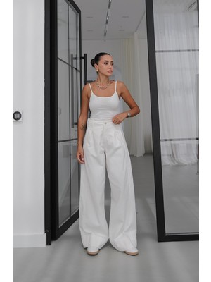 Havoş Ekru Önü Tek Pileli Wide Leg Jean