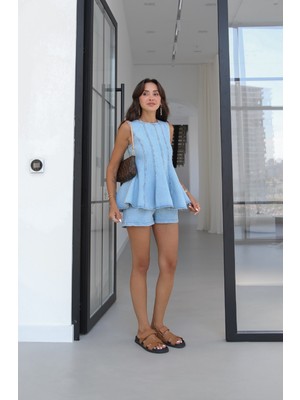 Havoş Açık Mavi Volanlı Bluz Şort Denim Takım