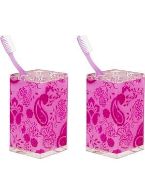 Hakay 2 Adet Diş Fırçalık Pembe Çiçekli Akrilik 6X6X12CM Banyo Seti