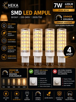 Avarson (4 Adet) HEKA 7W Günışığı (3000K) G9 Duylu dim Edilebilir LED Kapsül Ampul