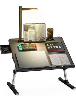 Hakay LED Masa Işıklı Dizüstü Bilgisayar Yatak Tepsisi Masası, Saıjı Ayarlanabilir Dizüstü Bilgisayar Standı, Xxl Pvc Deri Katlanabilir Masa, Kitap Standlı, Bilek Dayanağı, Ekstra Bacak Odası (Siyah)