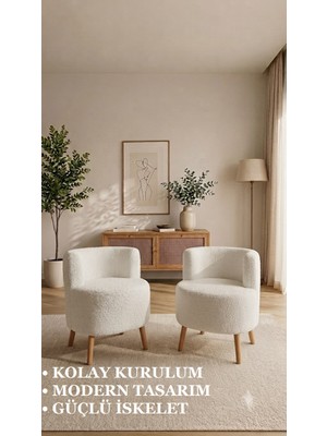 Bm Design Peluş 2'li Berjer Koltuk - Ahşap Ayaklı - Kolay Kurulum