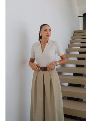 Havoş Krem Fermuarlı Polo Yaka Triko Bluz