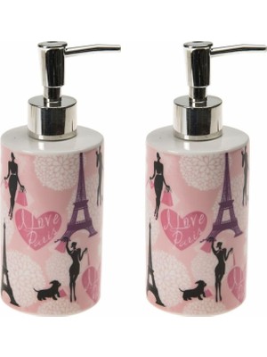 Hakay Bosphorus Homi Banyo Seti Seramik Sıvı Sabunluk 2 Adet Kızlı Paris Desenli 7X7X18CM 320ML
