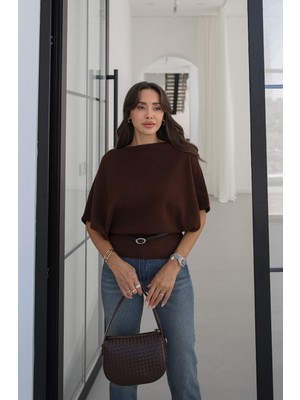 Havoş Kahverengi Loft Yarasa Kol Kemerli Kazak