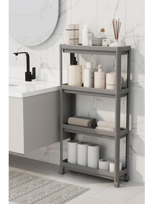 Hakay Mithra Life 4 Katlı Tekerlekli Slim Ince Gri Banyo Mutfak Rafı MIT1202