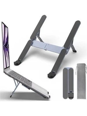 Hakay Lavderuar Katlanabilir Alüminyum Laptop Standı 6 Kademeli Pedli Ergonomik Yükseltici Cep Boyu Taşınabilir Kılıflı Laptop & Notebook Tablet Standı Gri