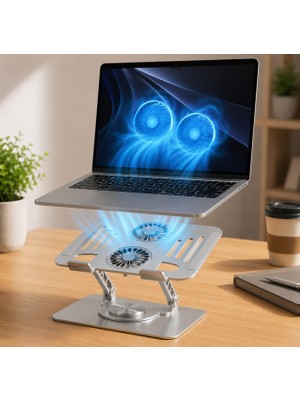 Hakay Mcstorey Çift Fanlı Laptop Standı, 360° Döner Metal Notebook Standı, Yükseklik ve Açı Ayarlı Katlanabilir Dizüstü Bilgisayar Sehpası, USB Soğutuculu, Tablet Uyumlu, Gümüş