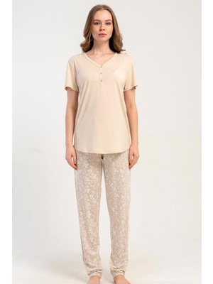 Kezokino Kadın Yarım Düğmeli Kısa Kol Bej Pijama Takımı C2T8N1215