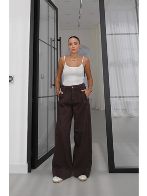 Havoş Acı Kahve Önü Tek Pileli Wide Leg Jean