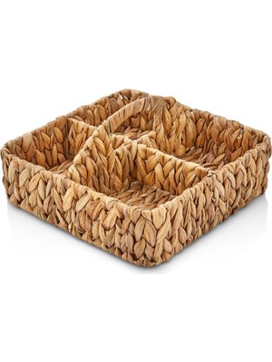 Hakay Deconox El Yapımı Hasır Saplı Kare 4 Bölmeleli Düzenleyici Organizer, Banyo, Mutfak ve Yemek Masası Için, 28CM*28CM*8CM