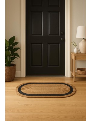 Hakay Oval Jüt Paspas, Kahverengi ve Siyah Çizgili, Dekoratif Kapı Önü ve Banyo Paspası (Hasır, 40X60, Oval)