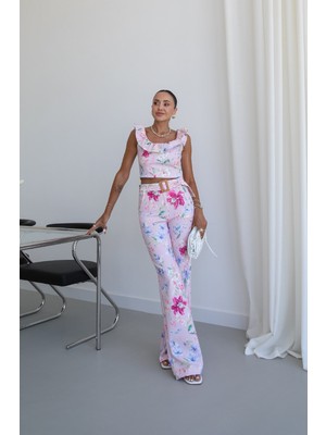 Havoş Pembe Caren Çiçekli Bluz Pantolon Takım