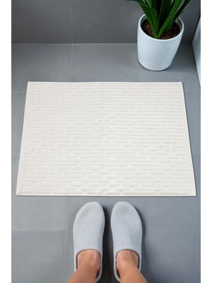 Hakay Tuğla Desenli 2li Ayak Havlusu - 50X70 cm - Su Emici Banyo Paspası Seti - Beyaz