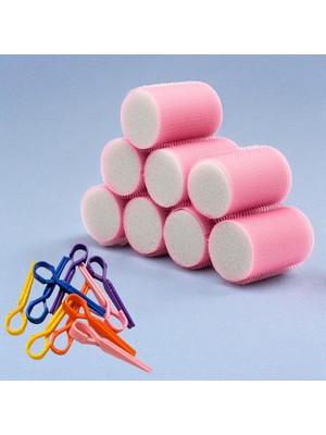 Hakay Croc 1207 Pembe Cırtlı Sünger Bigudi 8li Çap 4cm + 10LU Plastik Saç Pensi