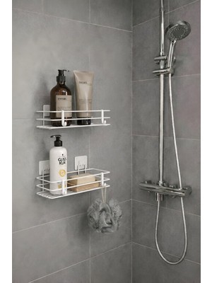 Hakay Sas Haus Tek Katlı Duş Rafı – Kancalı Banyo Şampuanlık & Organizer 2 Adet Beyaz Tş-01