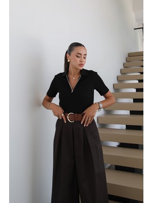 Havoş Siyah Fermuarlı Polo Yaka Triko Bluz