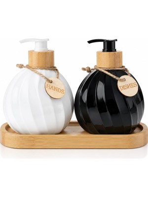Hakay Gaga 2'li Sıvı Sabunluk ve Deterjanlık Seti - Bambu Standlı Seramik Pompalı Şişe - 2 x 400 ml Tezgah Üstü Düzenleyici - Mutfak Banyo Için Şık Siyah Beyaz Tasarım - Hands Dishes Etiketli