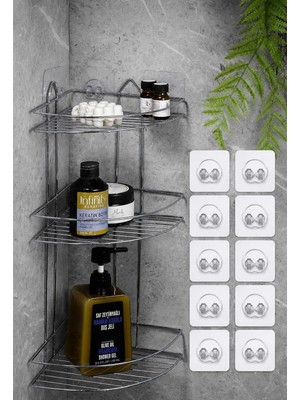 Hakay Sas Haus 3 Katlı Yapışkanlı Banyo Köşeliği + 10'lu Yedek Yapışkan Hediyeli, Delmeden Montaj Şampuanlık Duş Rafı Krom