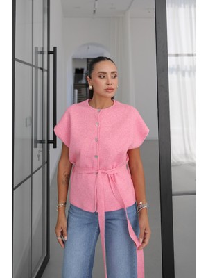Havoş Pembe Kap Kol Kuşaklı Yelek