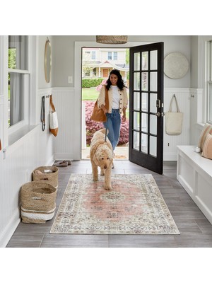 Hakay Nuloom Ren Makinede Yıkanabilir Vintage Çiçekli Giriş, Mutfak Veya Banyo Halısı, 2' x 3', Şeftali Rengi