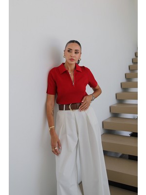 Havoş Kırmızı Fermuarlı Polo Yaka Triko Bluz
