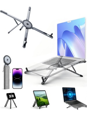 Hakay Miley Masa Için Taşınabilir Katlanabilir Dizüstü Bilgisayar Standı, Katlanabilir Ergonomik, 8 Seviyeli Yükseklik, 13-17 Inç Dizüstü Bilgisayarlar, Alüminyum Yapı, Tripod Uyumlu, Taşınabilir, Saklama