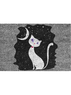 Hakay Monnhein Tasarımlı Dekoratif Kapı Önü Paspas, Dış Mekan/ev Içi/banyo/mutfak/yatak Odası/giriş Paspasları (Gece Beyaz Kedi, 45X70)