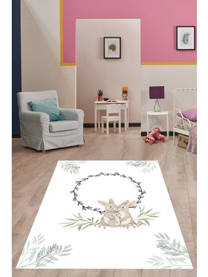 Hakay Pelangi Beyaz Zemin Tavşan Ailesi Yaprak Desen Yıkanabilir Kaymaz Taban Leke Tutmaz Çocuk Odası Halısı, Beyaz-Siyah-Mavi 180 x 300, 7642011718030005
